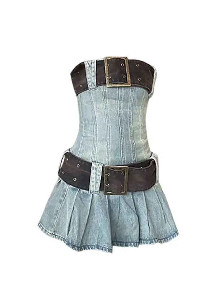 Strapless Pleated Denim Mini Dress