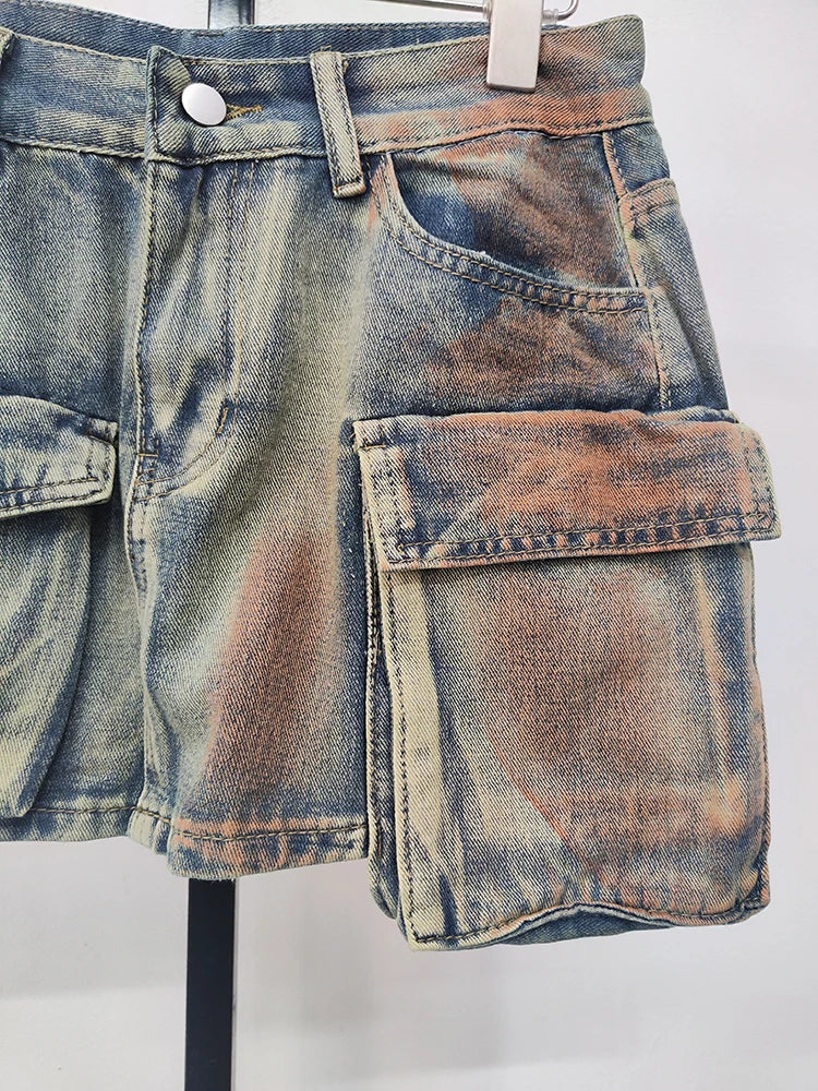 Acid-Washed Denim Cargo Skirt