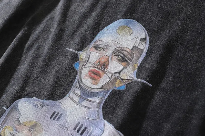 Distressed Vintage Robot Graphic Print Oversized T-Shirt