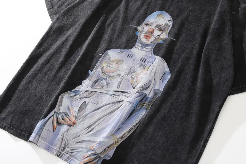 Distressed Vintage Robot Graphic Print Oversized T-Shirt